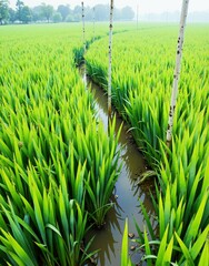 A vibrant green rice field with tall plants and a narrow stream running through it, creating a serene agricultural landscape