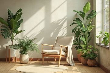 Fototapeta premium beige armchair in a sunlit room surrounded by various potted plants