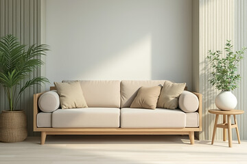 Fototapeta premium beige sofa with cushions in a minimalist living room setting