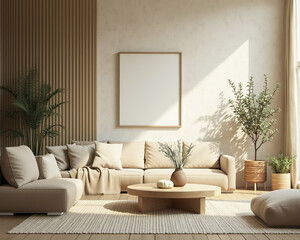 modern living room featuring a beige sectional sofa and wooden coffee table