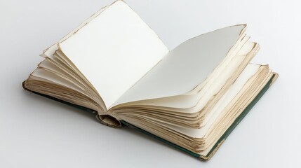 Open vintage book with blank pages, symbolizing creativity, imagination, storytelling, and the potential for new ideas on a clean background