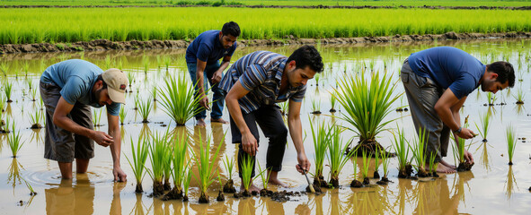 Farmers bend over in a flooded rice field, carefully planting young rice plants The scene captures the hard work and dedication involved in agricultural practices