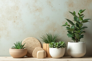 Obraz premium serene arrangement of potted succulents and plants with wooden elements
