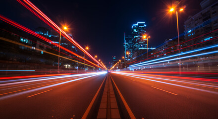 Obraz premium City Lights in Motion: Capturing the Urban Nightscape with Long Exposure Photography. Red, Blue, and Yellow Light Trails on Empty Asphalt Road.