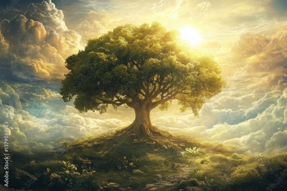 Wall mural a tree in a field with the sun shining through the clouds .