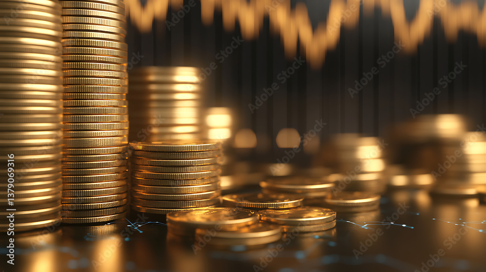 Poster gold stock market investment trading graph with a stack of gold coins, 3d rendering