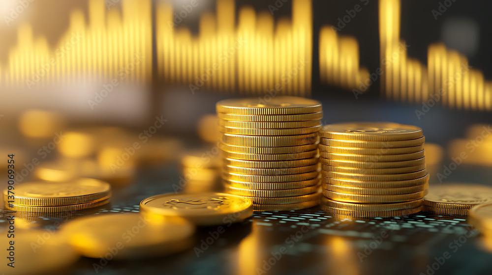 Poster gold stock market investment trading graph with a stack of gold coins, 3d rendering