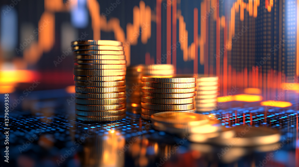 Poster gold stock market investment trading graph with a stack of gold coins, 3d rendering