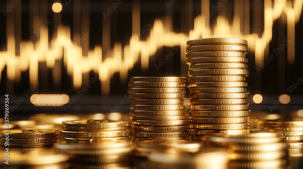 Poster gold stock market investment trading graph with a stack of gold coins, 3d rendering