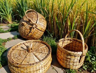 Three woven baskets, including a picnicstyle basket and a lid, sit on a stone path near tall grasses and a rice field, suggesting a rustic outdoor setting