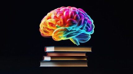 Colorful brain over books; education, learning, knowledge; stock photo