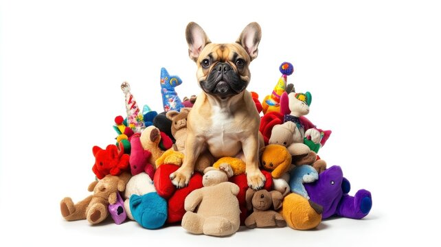Pet day celebration party dog surrounded by toys at home event
