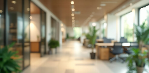 blurred view of a modern office hallway with natural light and contemporary furniture