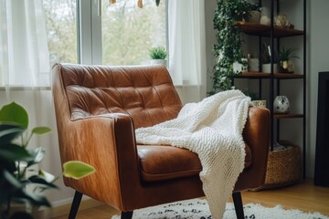 Cozy leather armchair with a knitted throw in a modern living room