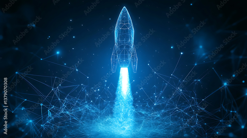 Poster graphite rocket launch concept, blue geometric background, wireframe light connection structure, mod