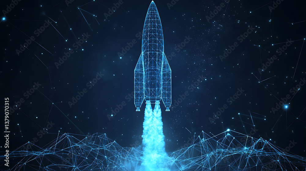 Poster graphite rocket launch concept, blue geometric background, wireframe light connection structure, mod