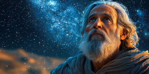 Abraham gazing at the starry sky while reflecting on faith and destiny in a vast desert landscape