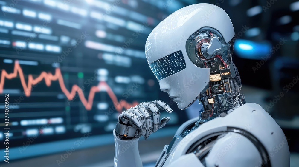Poster futuristic humanoid robot contemplating data analysis in a high-tech environment, showcasing advance
