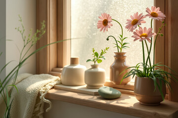 Fototapeta premium collection of pink daisies in various vases and pots sits on a sunlit window sill