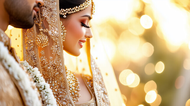 Couple captured in celebration of wedding, adorned in traditional attire. Warm sunset creates romantic ambiance, highlighting cultural richness and joyful union