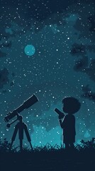 Naklejka premium Child gazing at night sky through telescope