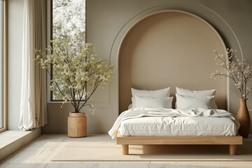 serene minimalist bedroom with a wooden bed and white bedding accented by soft sunlight and delicate flowers