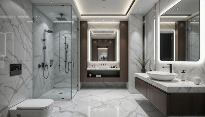 Luxurious modern minimalist bathroom with marble walls, glass shower enclosure and sleek vanity 