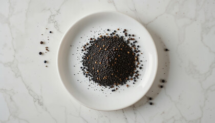 A white ceramic plate with a neatly piled mound of crushed black pepper, set on a marble countertop. The scattered peppercorns add a rustic and organic feel to the minimalistic food composition