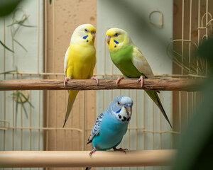 Obraz premium three budgies of different colors perched on a wooden branch inside a cage