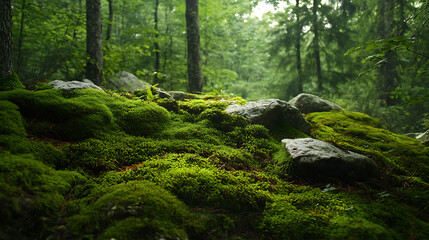 Obraz premium Green moss and rough stones in the dense forest
