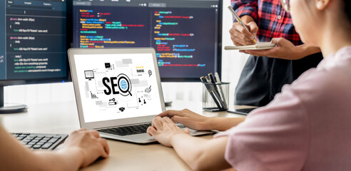 SEO search engine optimization for brisk e-commerce and online retail business showing on computer...