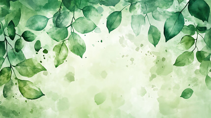 Green watercolor foliage abstract background with hand-painted leaves and splashes