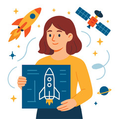 Colorful flat vector illustration of a young female aerospace engineer holding a rocket blueprint. Represents engineering, science and women in aerospace. Modern isolated design on white background.