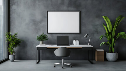 Grey office room interior with desk and computer, mockup frame