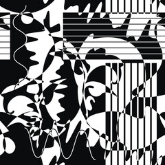 Modern black and white vector seamless pattern with abstract shapes, vertical and horizontal stripes, lines, curves on white background. Endless texture. Perfect for fabric, textile prints, wallpapers