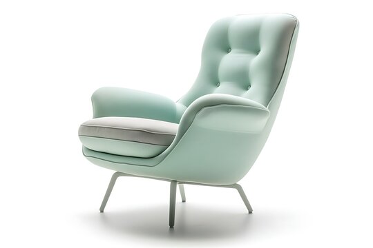 recommend clip art: Chic pastel mint lounge chair with a modern minimalist silhouette and cozy armrests, isolated on white.