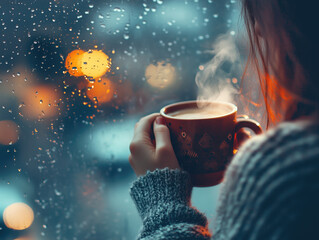 Cozy Atmosphere: Woman Enjoying a Warm Cup of Coffee Near Rainy Window with Tranquil Autumn Ambiance
