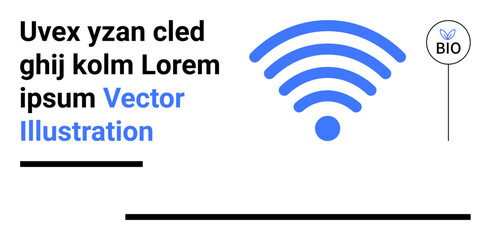 Minimalist design featuring wireless signal, bold text, horizontal lines, and eco-friendly BIO logo. Ideal for connectivity, sustainability, technology, communication, internet networking simple