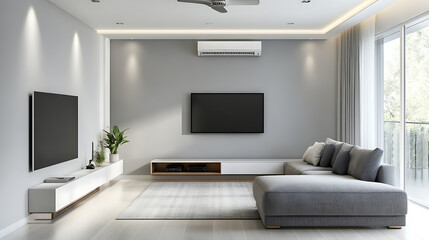 Grey sofa against tv unit, scandinavian home interior design of modern living room with fan lamp on ceiling