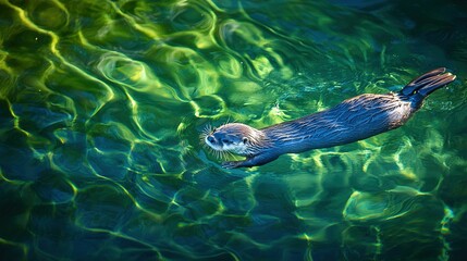 Fototapeta premium A sea otter gracefully swimming with its head above the water's surface