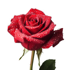 A single red rose with water droplets on its petals, isolated on a white background.