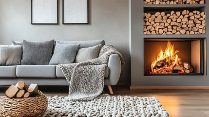 Grey sofa with woven blanket near fireplace, scandinavian hygge home interior design of modern living room