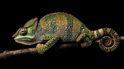 Fototapeta premium A zoomed-in image of a chameleon perched on a tree limb, its mouth wide open and tongue extended against a dark backdrop