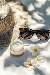close up photo of product sunscreen cream jar sunglasses hat copy space summer concept