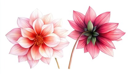 Obraz premium Drawing of a pink flower with two green stems on either side, and another pink flower with a green stem on the opposite side
