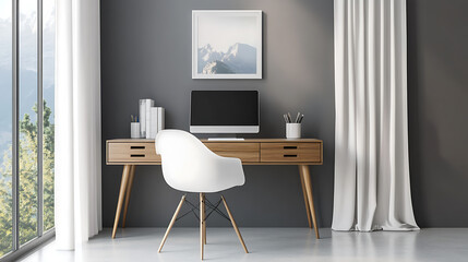 Home workplace with wooden drawer wring desk and white chair against window near grey wall, interior design of modern scandinavian home office