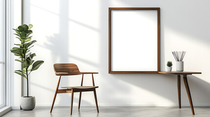 Home workplace, wooden chair and desk near white wall with blank mockup poster frame, interior design of modern living room