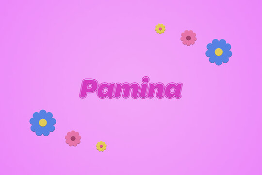 Pamina female girl name illustration in pink with blossoms, flowers