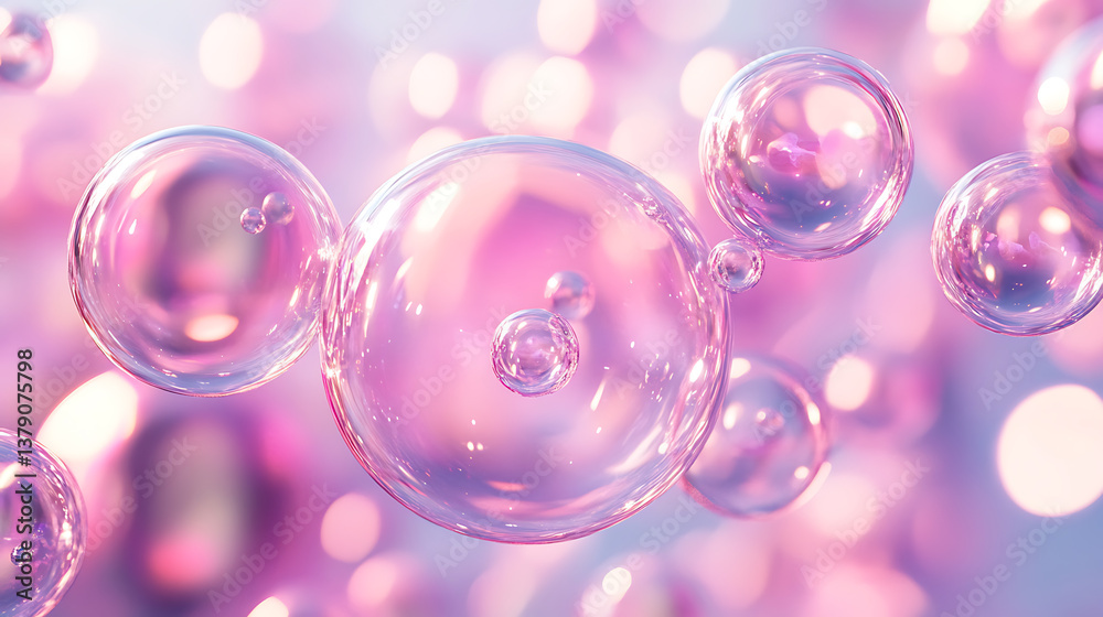 Poster 3d render, abstract background with translucent soap bubbles, wallpaper with glass balls