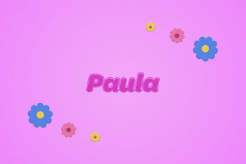 Paula female girl name illustration in pink with blossoms, flowers